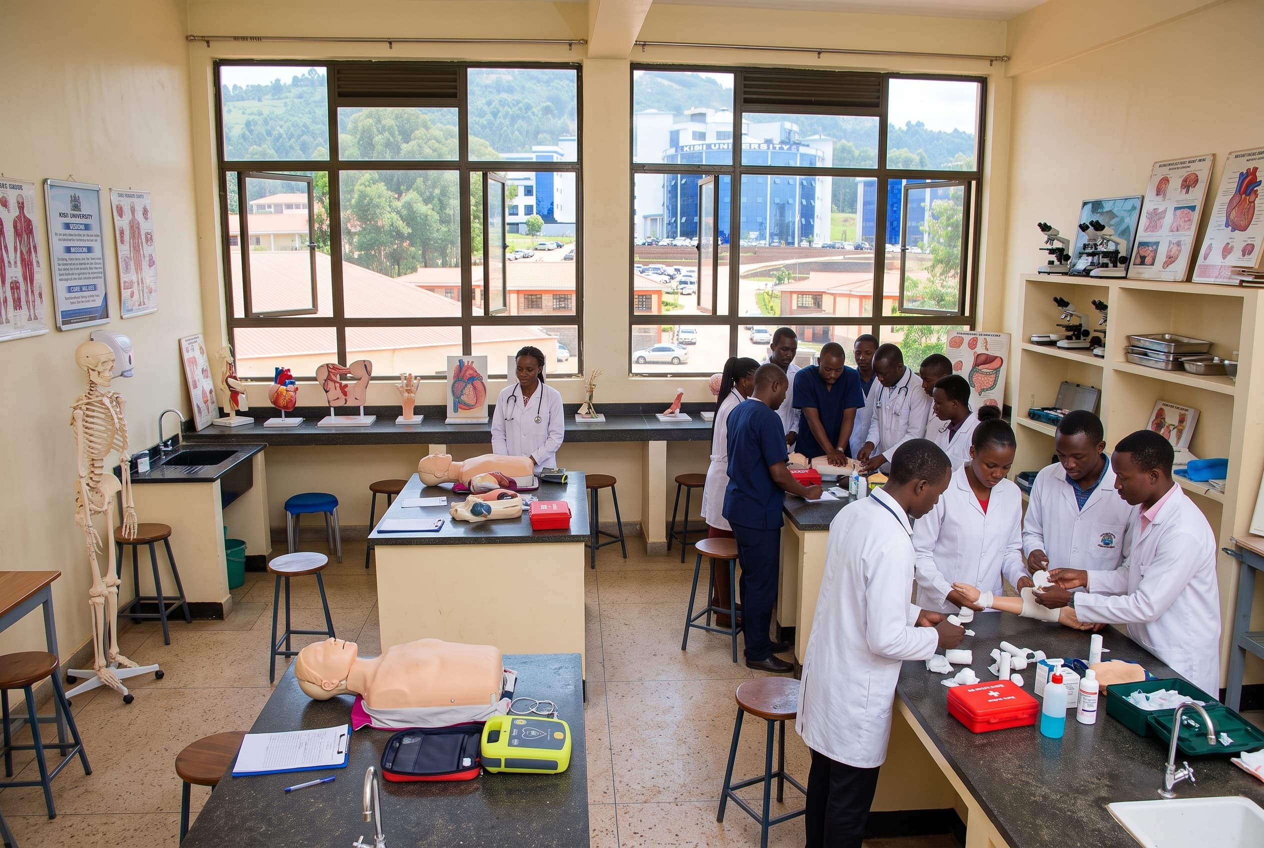 Health sciences students practicing clinical skills in a simulation laboratory.